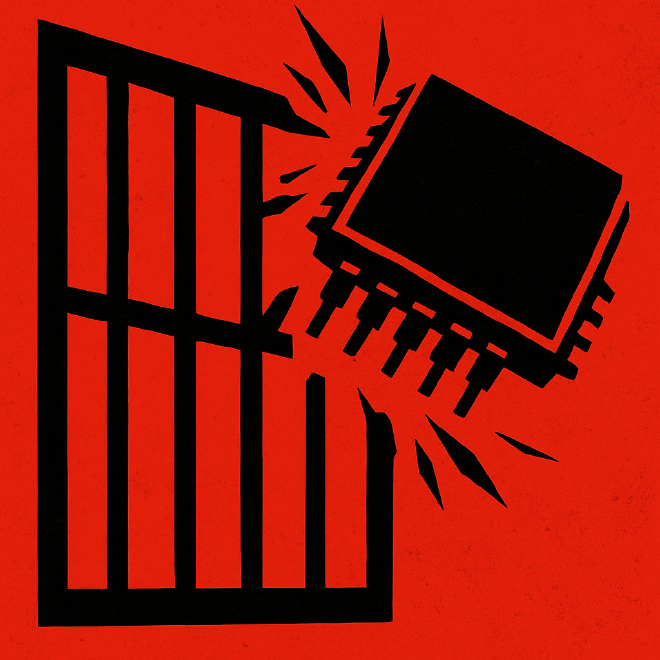 Propaganda-style banner with AI chip exploding out of a steel cage